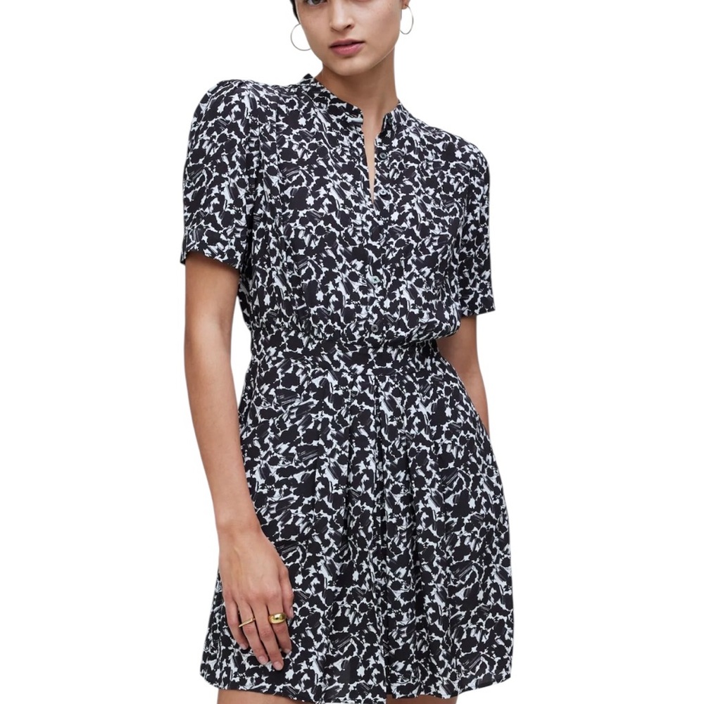 MADEWELL Button-Front Blouson Mini Shirtdress Black White 2